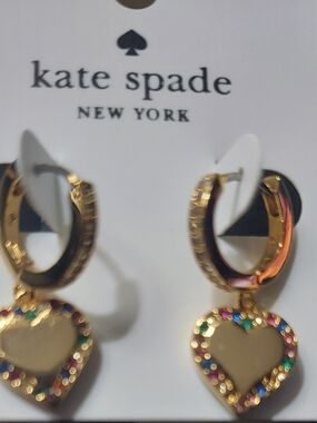 kate spade Gold Hoop Earrings with Multicolored Gem-Edged Hearts